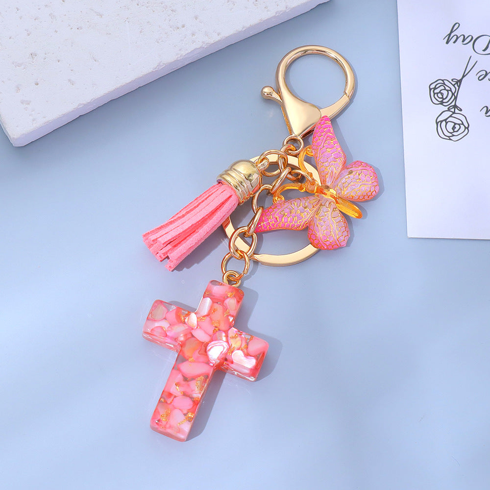 Wholesale Little Fresh Resin Butterfly Cross Keychain Tassel Bag Pendant Boutique Resale