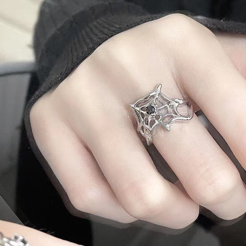 Wholesale European and American Dark Retro Black Gemstone  Nail Ring with Niche Design,  Minimalist Style,  Open-Ended Personality Ring