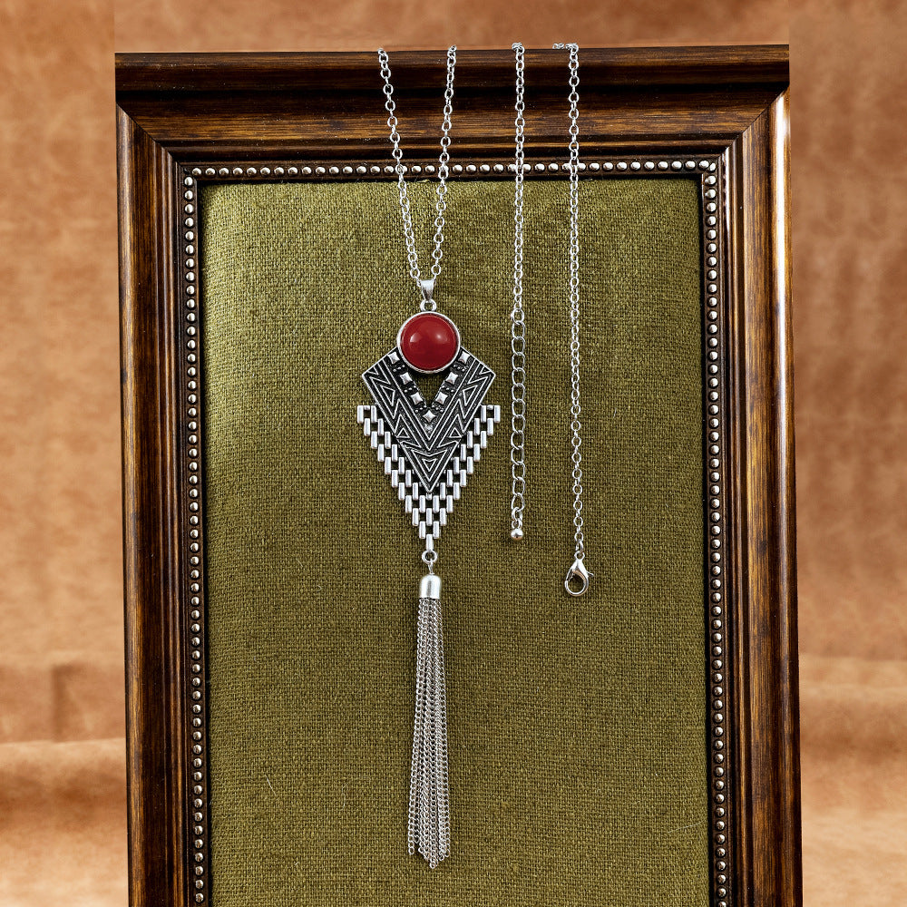 Wholesale European and American Foreign Trade Multi-Color Turquoise Fashionable Tassel Geometric Necklace Retro Ethnic Style Versatile Daily Accessories