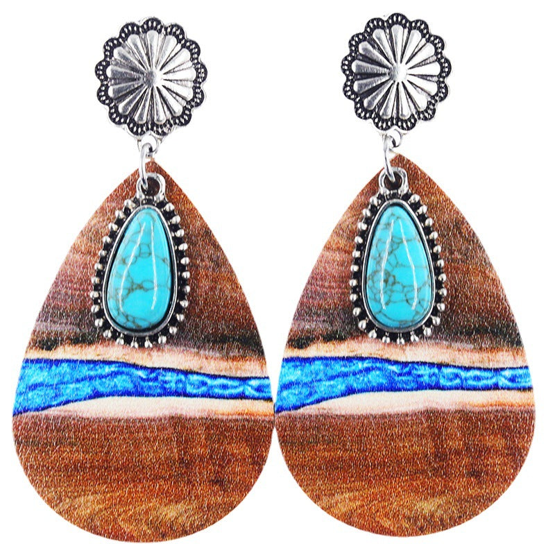 Wholesale Western Denim style leopard print alloy turquoise leather earrings