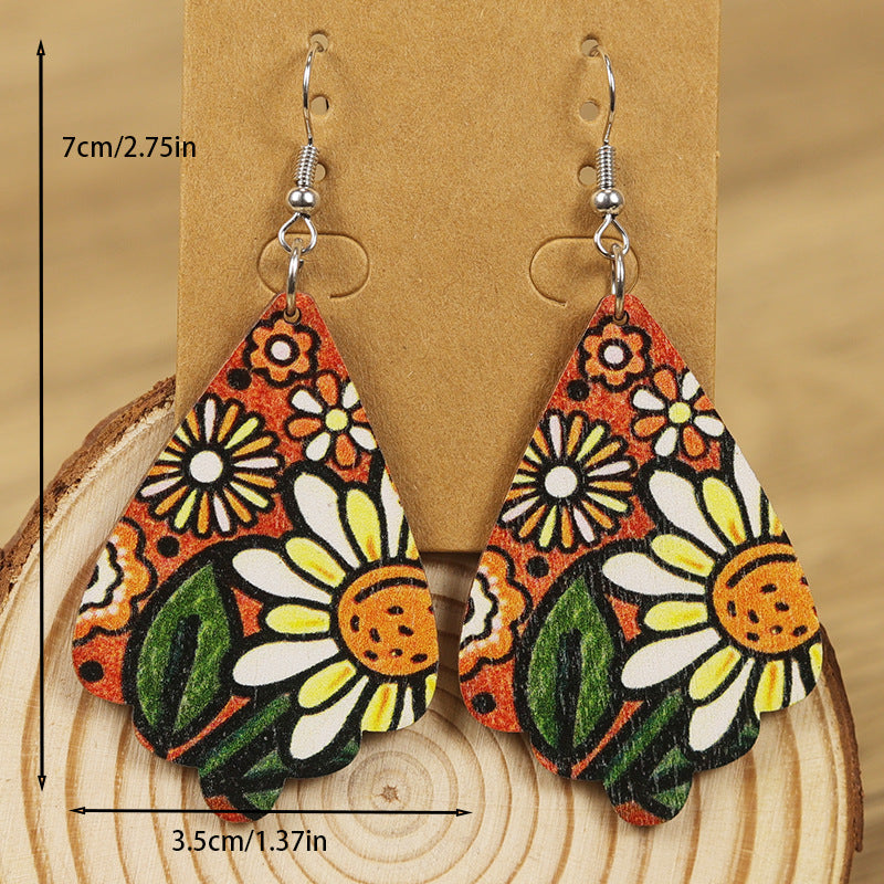 Wholesale Western Distressed Style Sunflower Daisy Print Water Drop Rhombus Geometric Wooden Earrings
