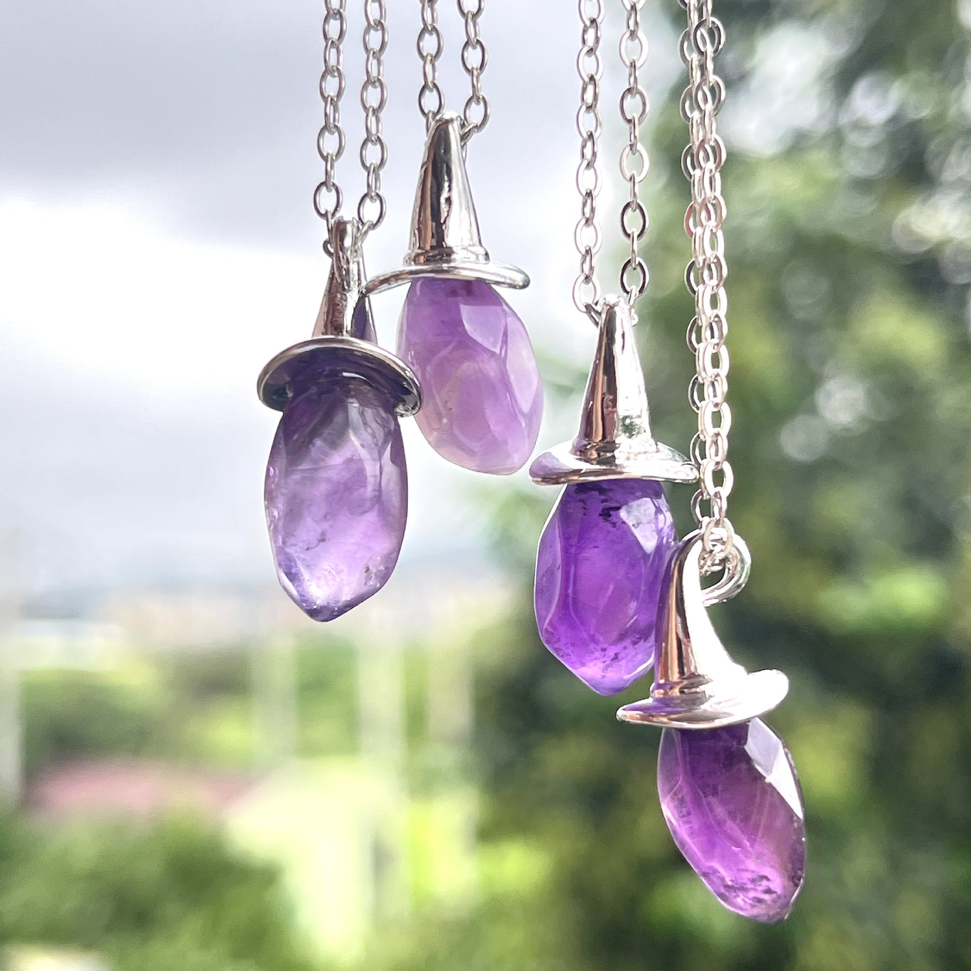 Wholesale Natural crystal amethyst hexagonal column witch hat pendant necklace