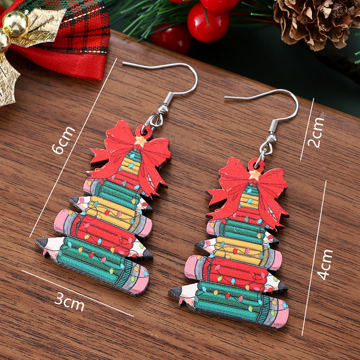 Wholesale Christmas bow pencil Christmas tree pendant earrings wooden