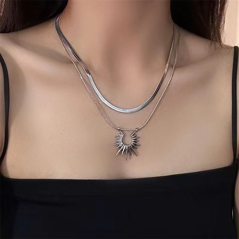 Wholesale Double Layer Stacked Sun Pendant Snake Bone Chain Necklace