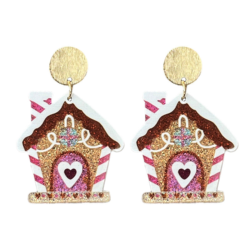 Wholesale 2 pairs/ pack Christmas Gingerbread House Flamingo Christmas Cookies Sparkling Earrings