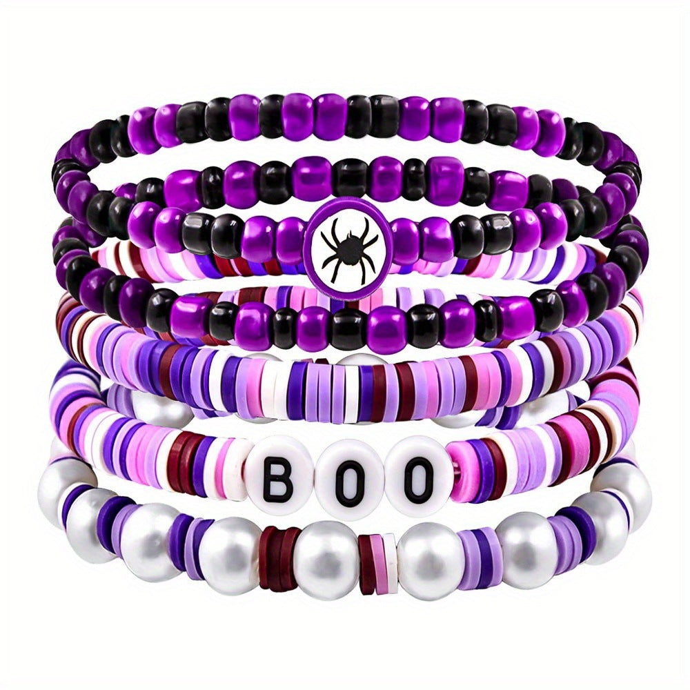 Wholesale 7-piece Halloween Pumpkin Ghost Black and Purple Polymer Clay Bracelet ACC-BT-FenRui010