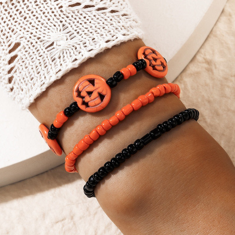 Wholesale Halloween  Pumpkin Rice Bead Bracelet Set