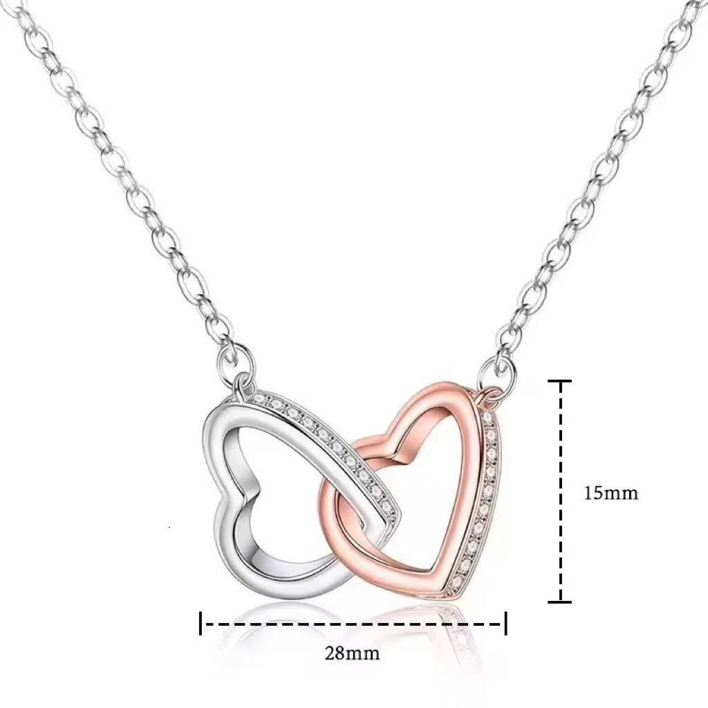 Wholesale S925 Silver Heart to Heart Double Ring Silver Necklace
