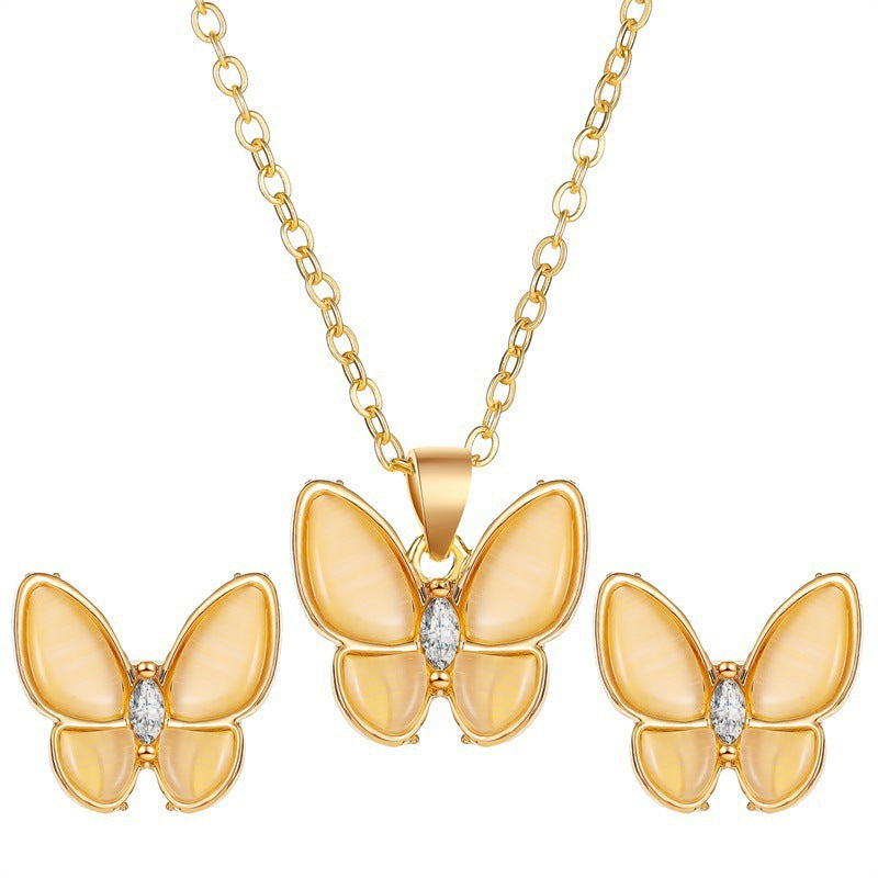 Wholesale Diamond Butterfly Water Drop Creative Necklace Earring Set ACC-NE-ChengJing001