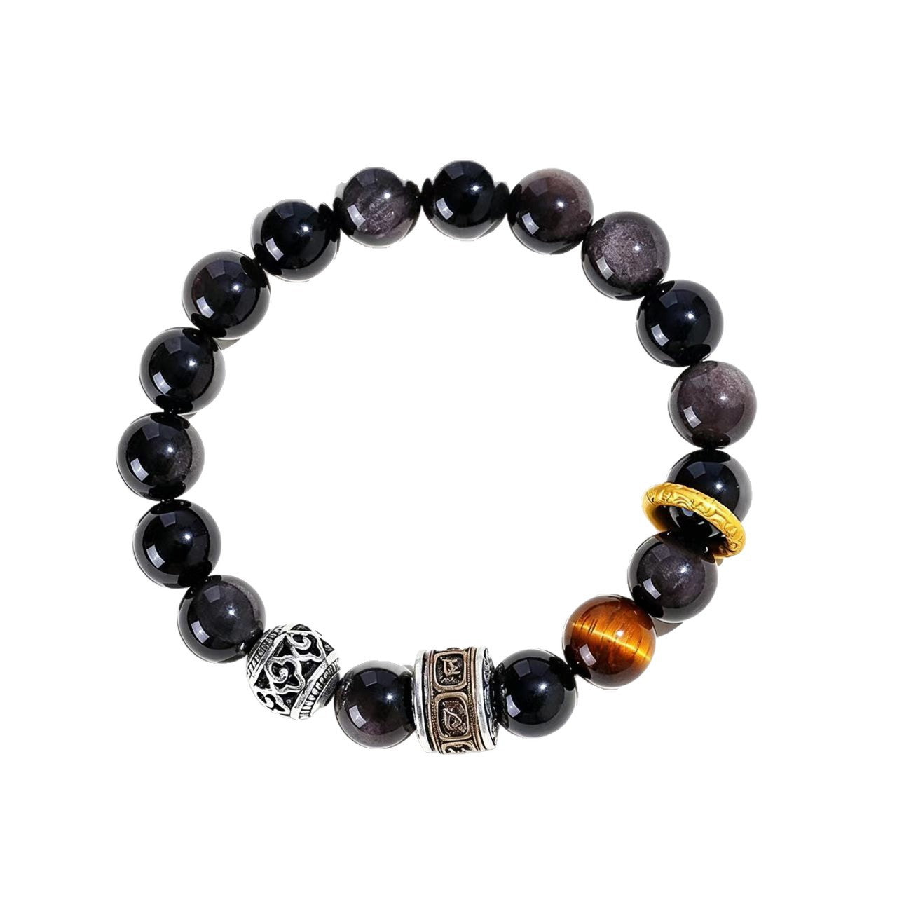 Wholesale 10Mm Silver Obsidian Tiger Eye Stone Bead Bracelet Retro Mantra Cylinder Design Stylish Unisex Jewelry Accessory For Gift Resale