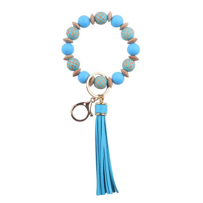 Wholesale Patterned Wood Beads Beaded Silicone Wrist Keychain with Tassel Bulk Keychains ACC-KC-GuangTian039
