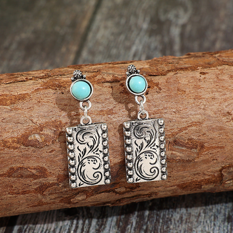 Wholesale Alloy Vintage Carved Square Turquoise Earrings for Women - Bohemian Style Jewelry Accessory