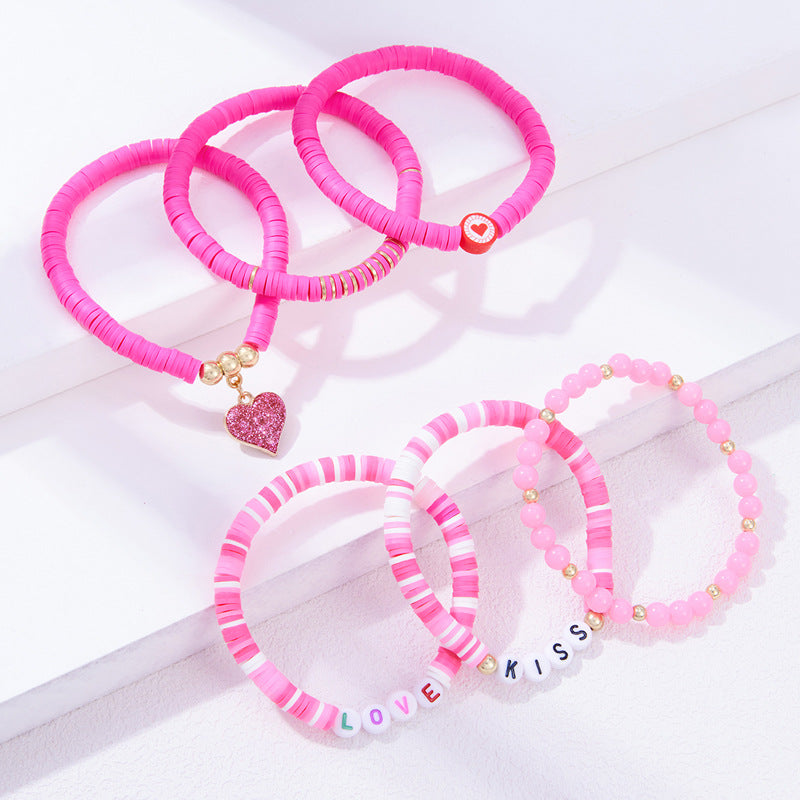 Wholesale Valentine's Day  6 suit  Cute Color Letter Pink Heart Pendant Bracelet