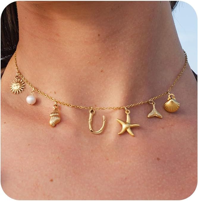 Wholesale Gold Letter Necklace Summer Bohemian Beach Shell 14k Starfish Clavicle Chain ACC-NE-ChunYang002