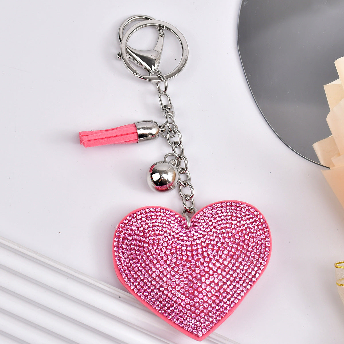 Wholesale  Peach Heart Rhinestone Leather Keychain