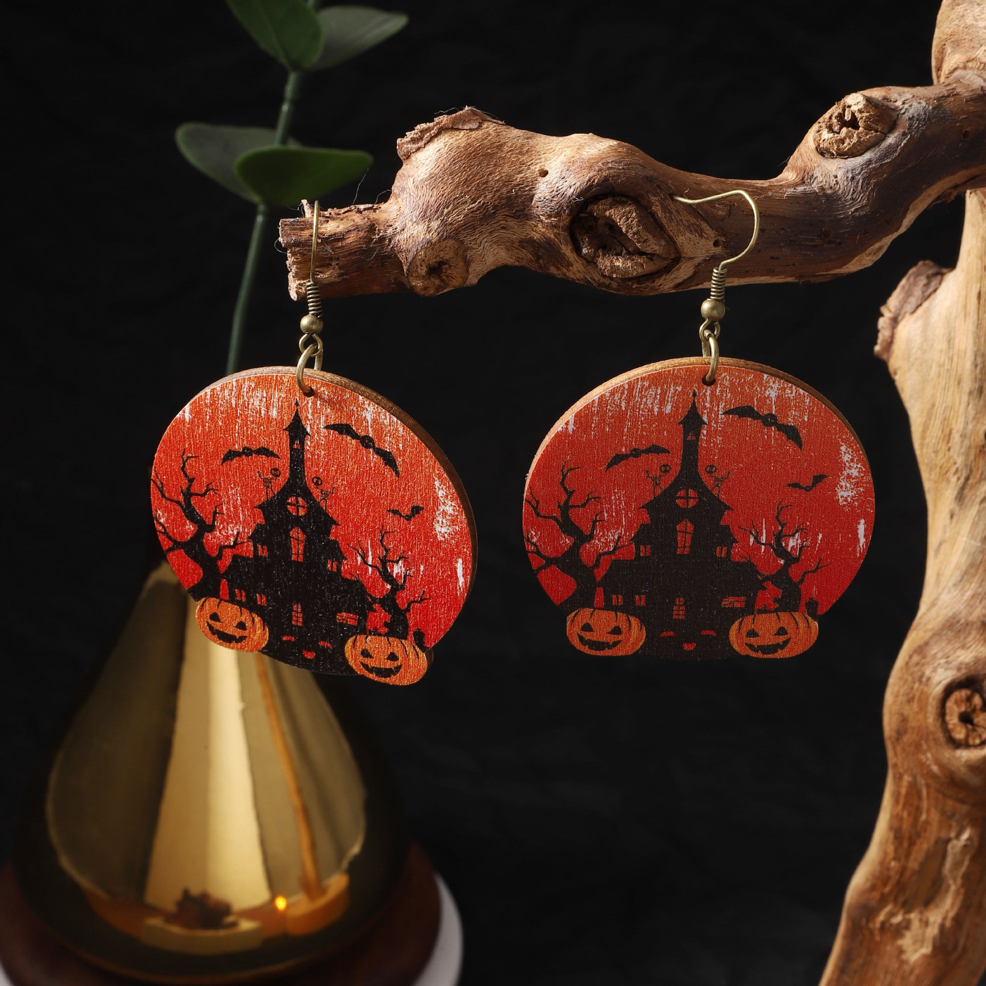 Wholesale  wooden printed water drop pumpkin head earrings