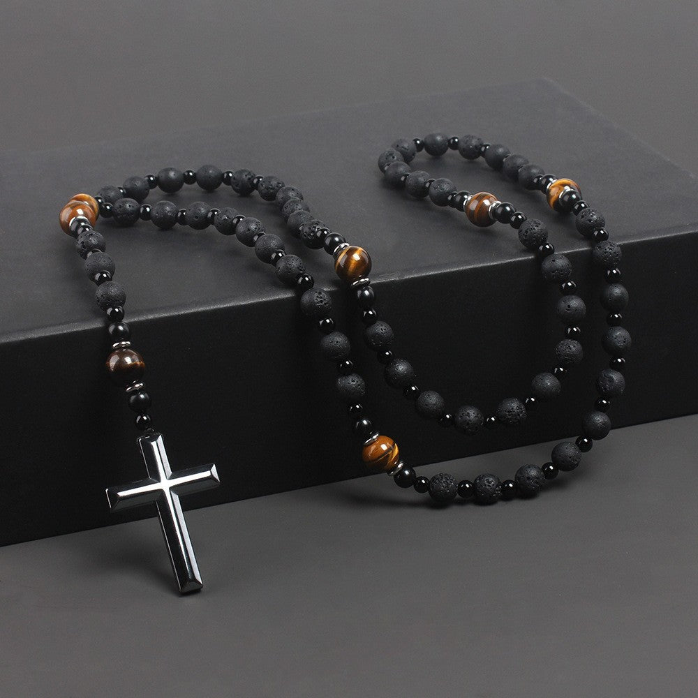 Wholesale Natural Stone Black Volcanic Rock Yellow Tiger Eye Iron Stone Cross Necklace