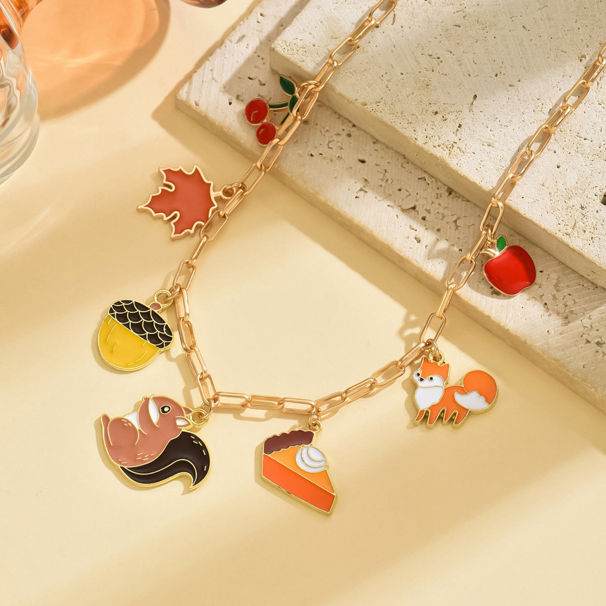 Wholesale squirrel  fox pine cone maple leaf apple dripping oil pendant necklace