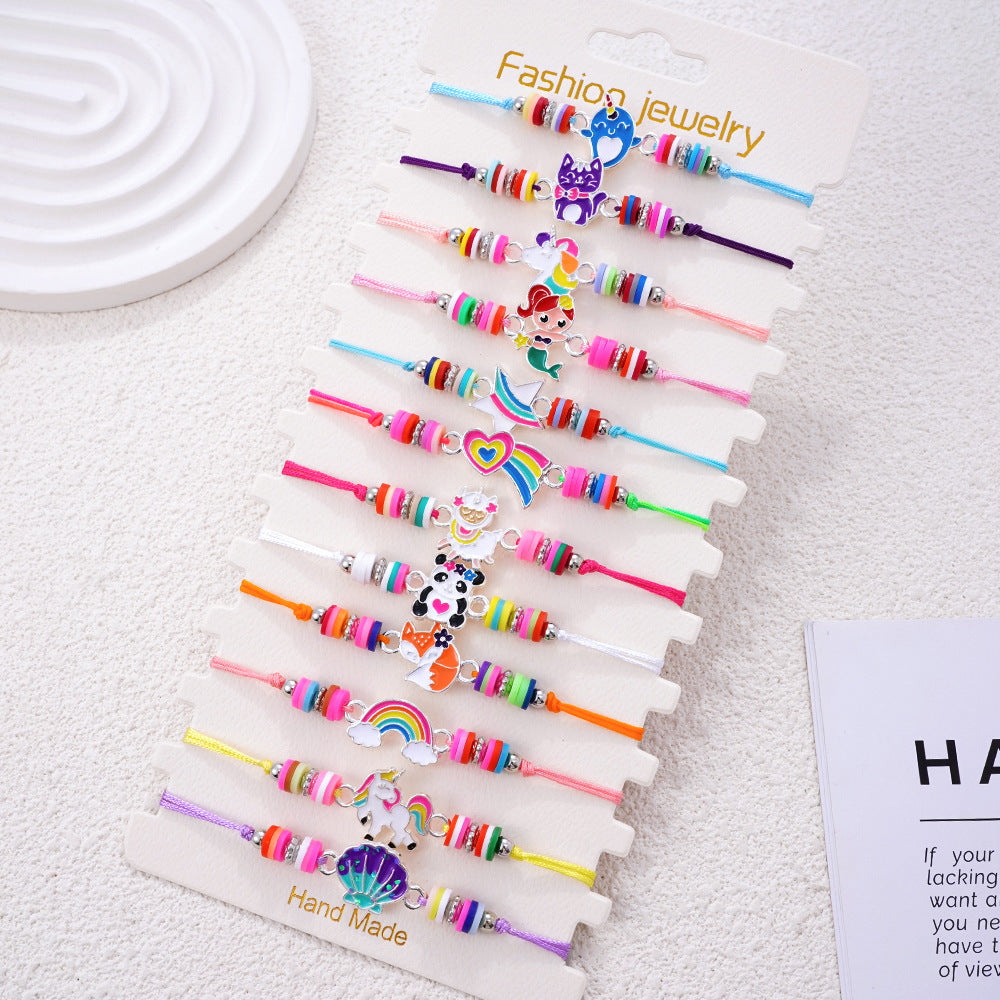 Wholesale Colorful polymer clay beaded cartoon animal pattern bracelet hand-woven adjustable size children' s jewelry