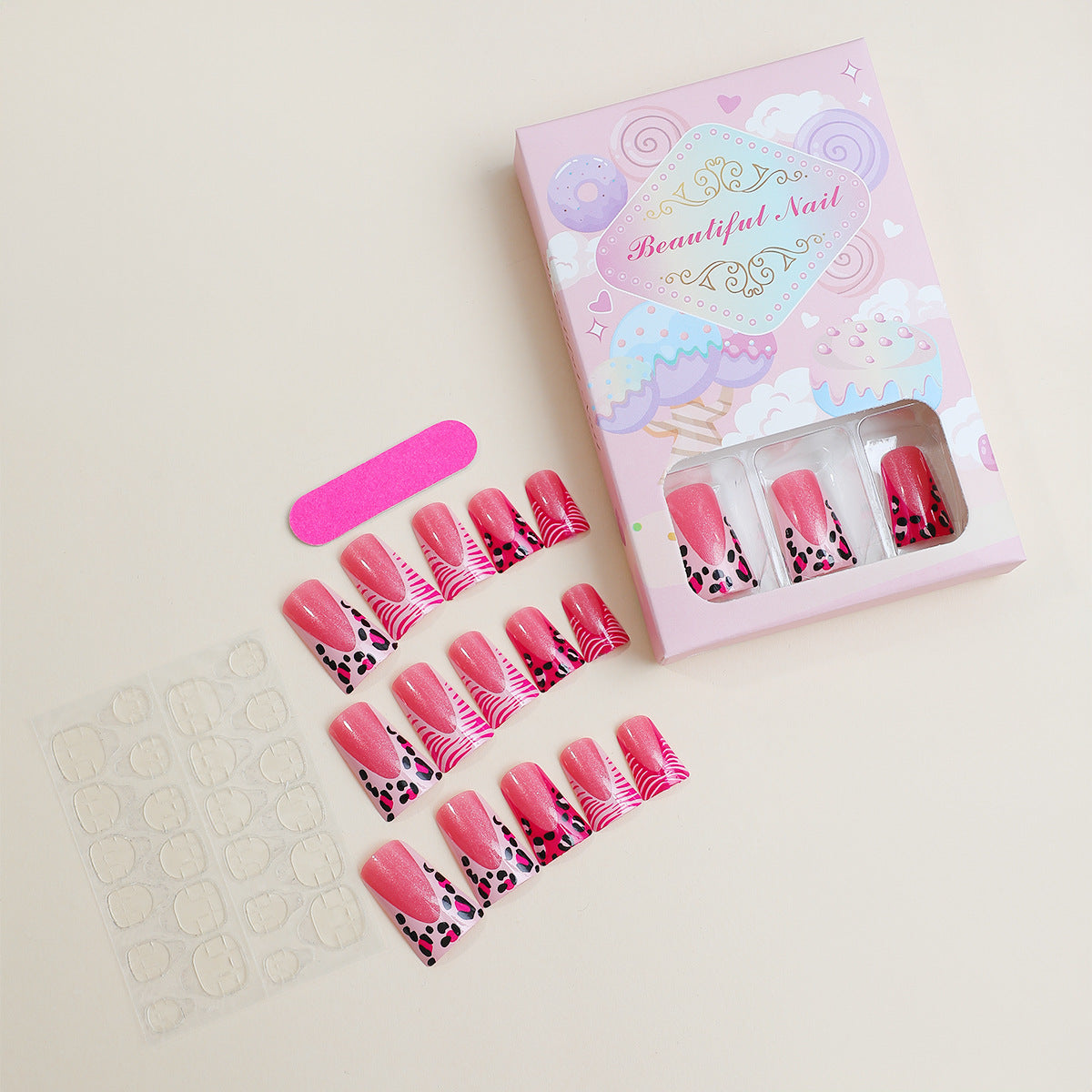 Wholesale Plastic Pink Leopard Print Press on Nails Kits 24 Pieces/box ACC-NS-HaoYi008