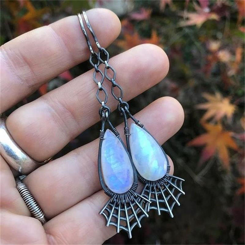 Wholesale  creative spider web shape inlaid long water drop moonstone earrings