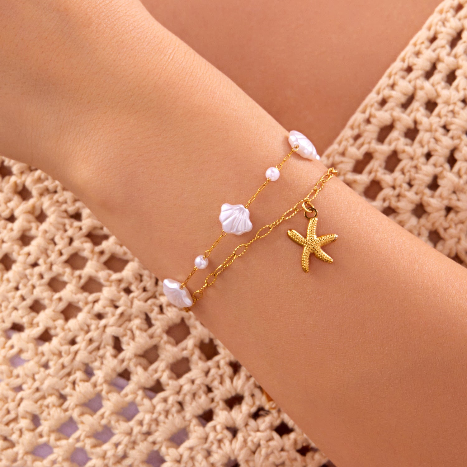 Wholesale  Marine Series Double-layer Starfish Necklace Bracelet suit