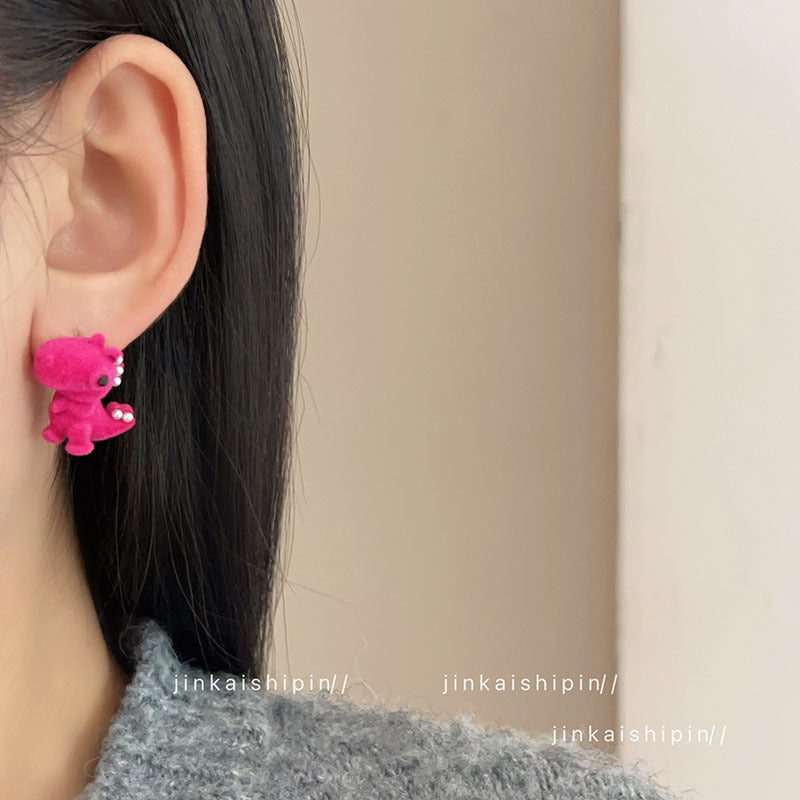 Wholesale Funny Cartoon Flocked Dinosaur Earrings
