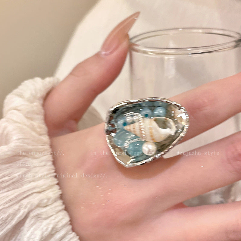 Wholesale Shell Beaded Geometric Open Ring - Sea Breeze Vacation Style Jewelry Accessory for Women