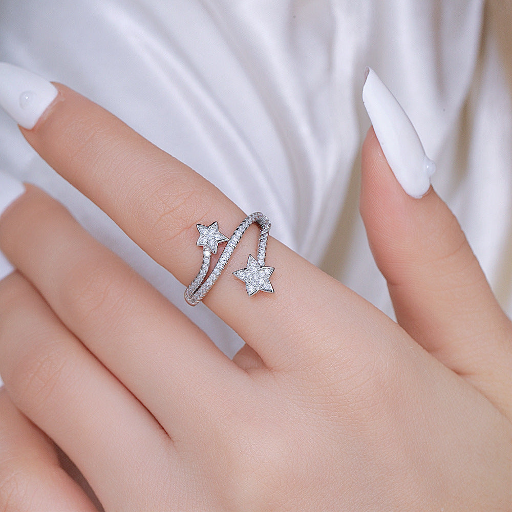 Wholesale Chic Five Point Star Open Ring Silver Adjustable Copper Zircon Jewelry Fashion Accessory For Boutique Resale