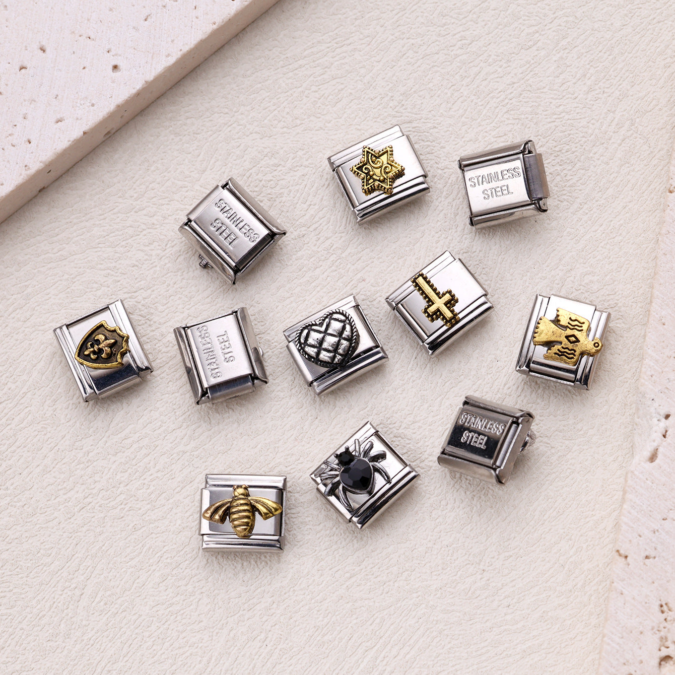 Wholesale 10pcs Italian Charm Bracelet 9mm DIY Splicing Cross Rose Stainless Steel Composable Bracelet