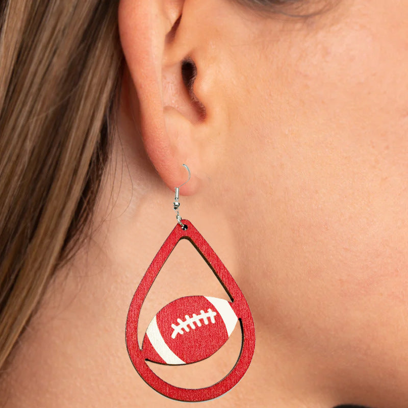 Wholesale 2pairs/pack Football Teardrop Shaped Cheerleading Sports Wooden Earrings ACC-ES-HY112