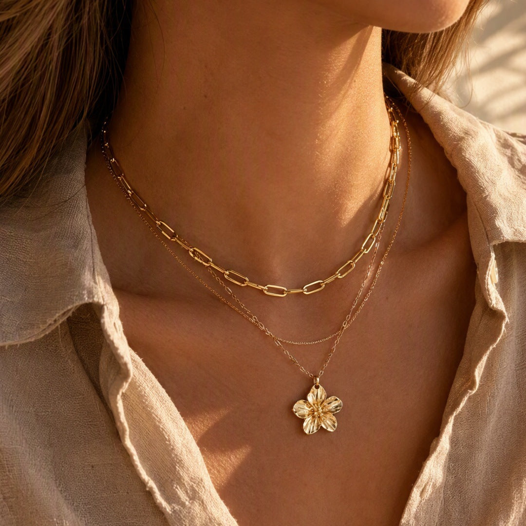 Wholesale Vintage Gold Flower Pendant Necklace Paperclip Chain Layering Jewelry Gift Resale