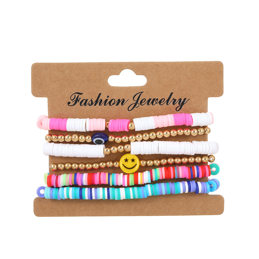 Wholesale Summer Colorful Soft Clay Pieces Smiling Face Beaded Elastic Bracelet Set ACC-BT-MY004