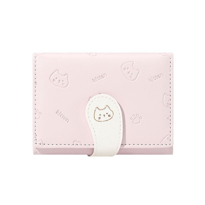 Wholesale Trendy PU Women' s Short Wallet with Pink Cat Pattern,  Fresh Sweet Folding Purse,  Boutique Resale Accessory