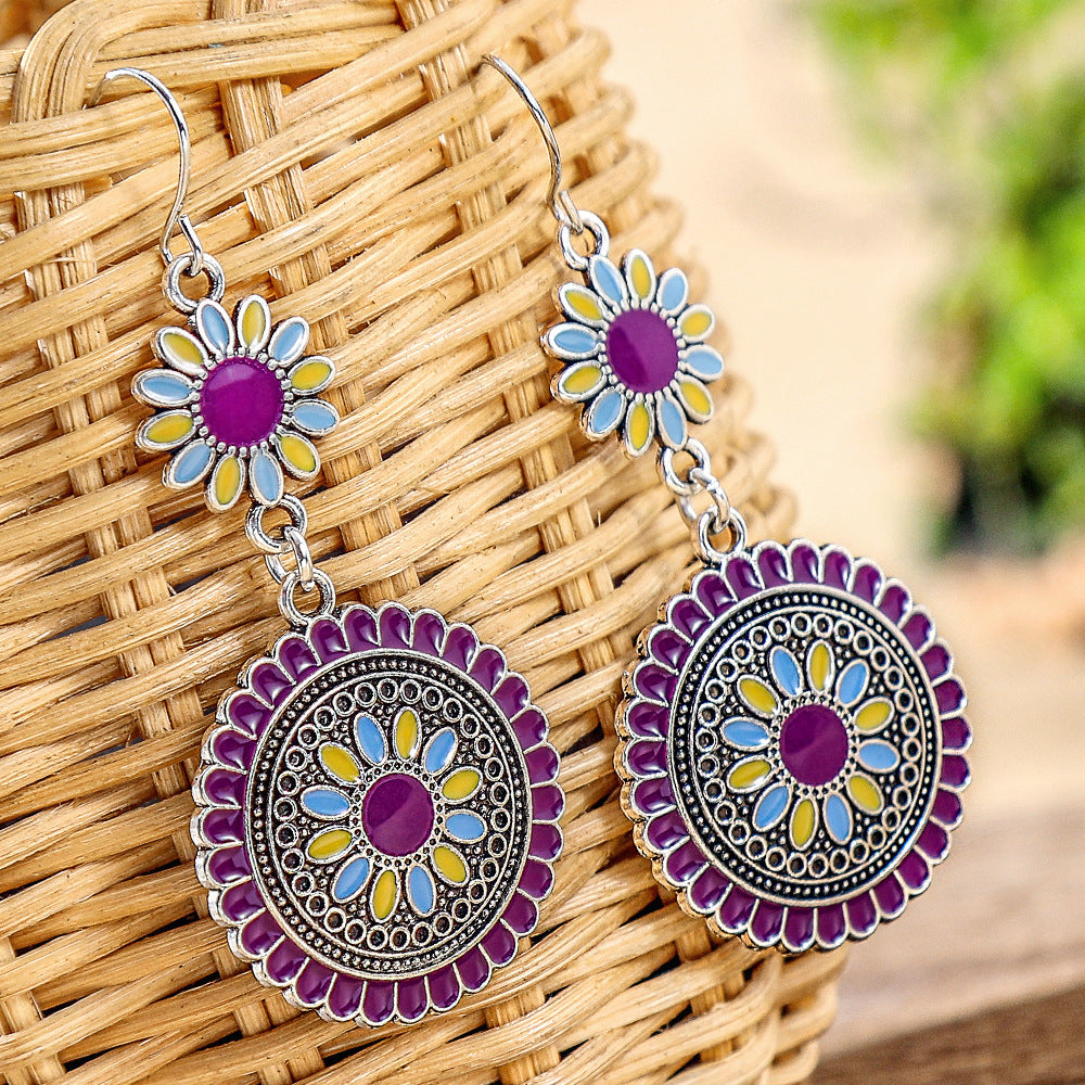 Wholesale Retro Sunflower Oil Drip Earrings - Zinc Alloy Jewelry Accessory for Party