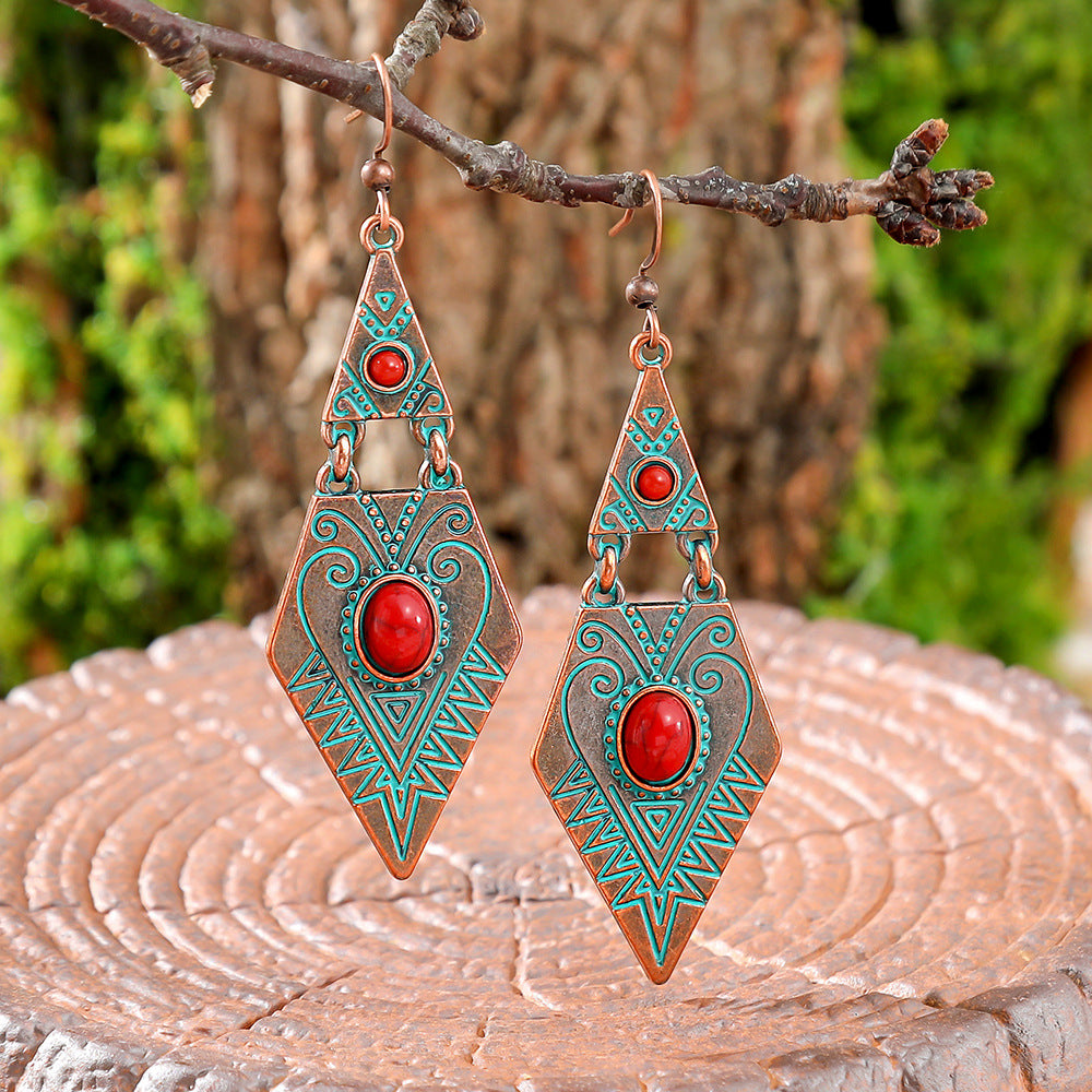 Wholesale Bohemian Turquoise Geometric Metal Texture Earrings Fashion Accessory for Party Boutique Resale