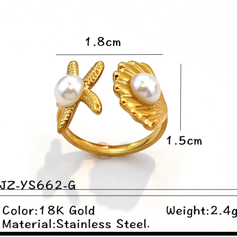 Wholesale Stainless steel starfish shell ring with pearl setting and open design