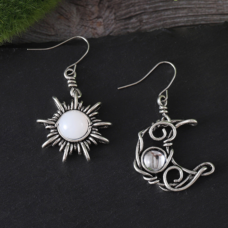 Wholesale retro Sun Moon Earrings Moonstone Geometric Hollow Asymmetric Earrings