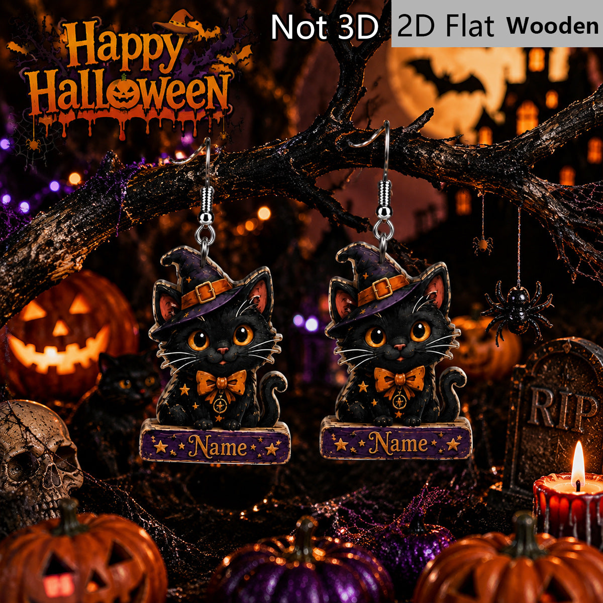 Wholesale  Witch Black Cat Wooden Earrings Purple Wizard Hat Bow Retro Party Jewelry Accessory Gift