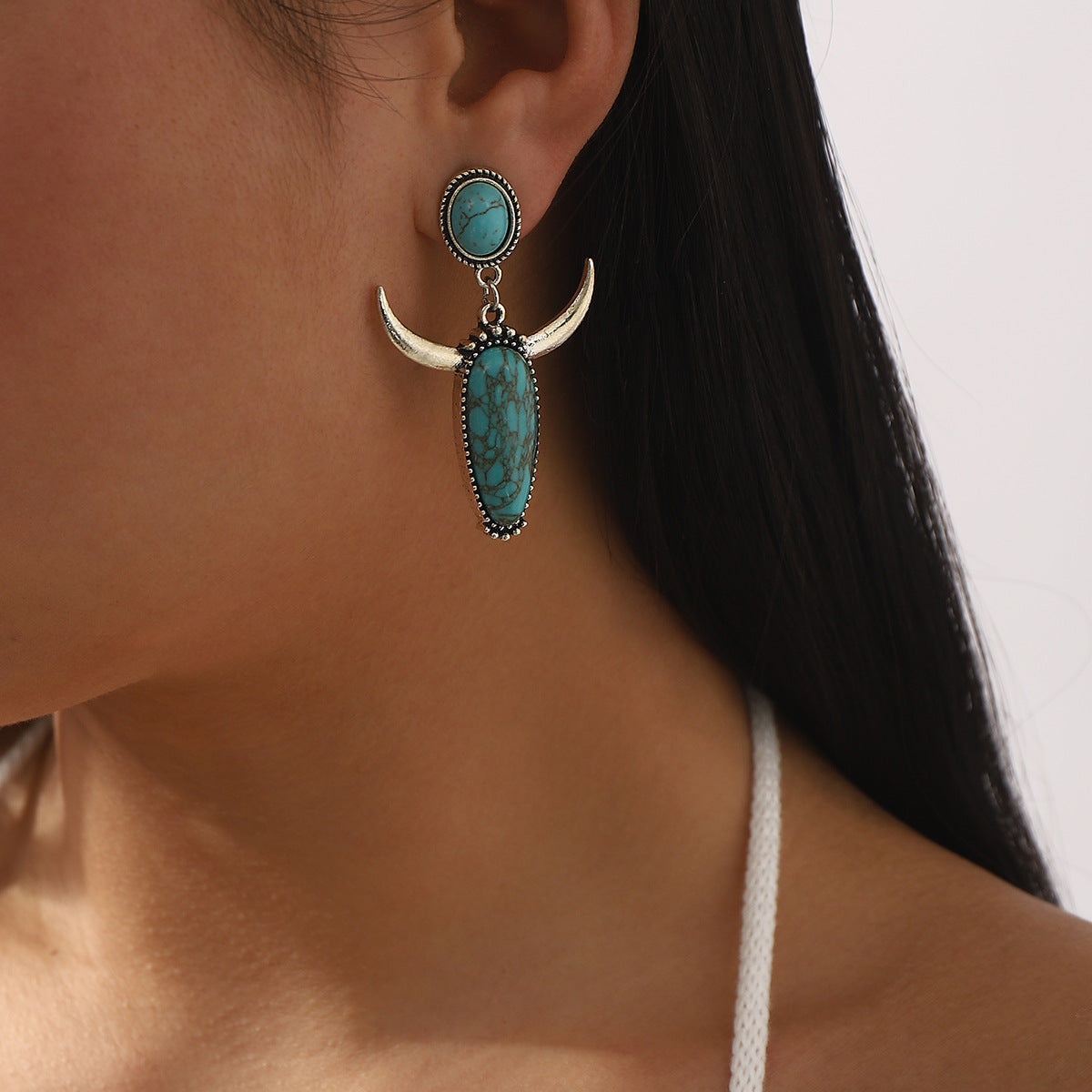 Wholesale 10pcs/pack  retro creative bohemian style cow head personality geometric turquoise earrings for women