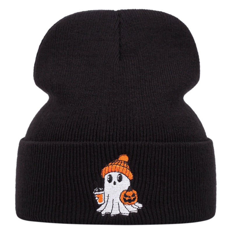 Wholesale Warm Knit Beanie With  Ghost Pumpkin Embroidery Unisex Winter Hat For Daily Wear And Party