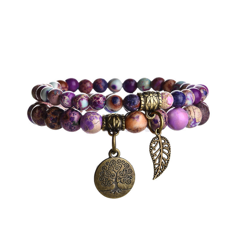 Wholesale Tree of Life Leaves Colorful Tiger Eye Amethyst Agate Bracelet Set