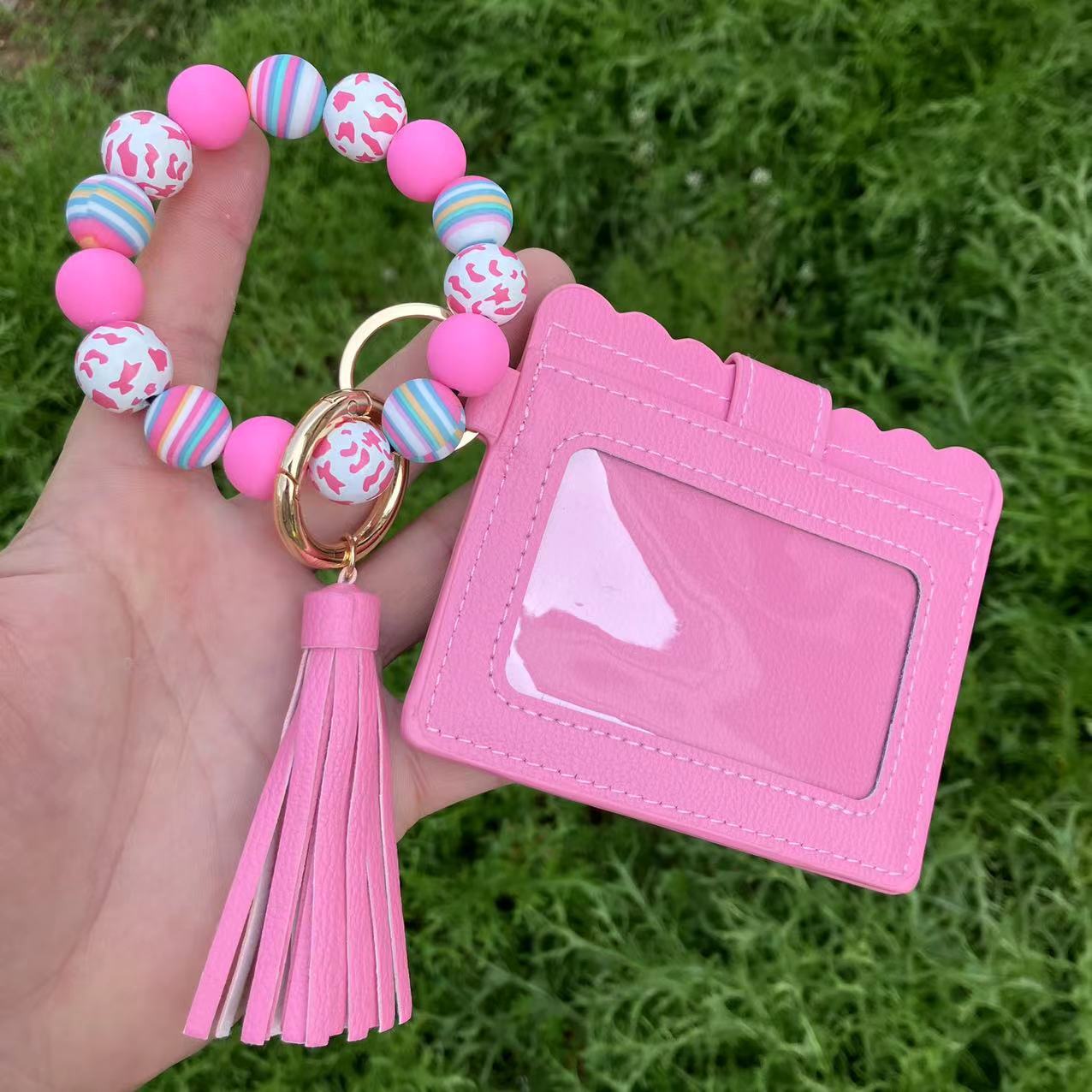 Wholesale European Retro Geometric Pattern Silicone Bead Wristlet Keychain Card Holder - Fashion Accessory for Women