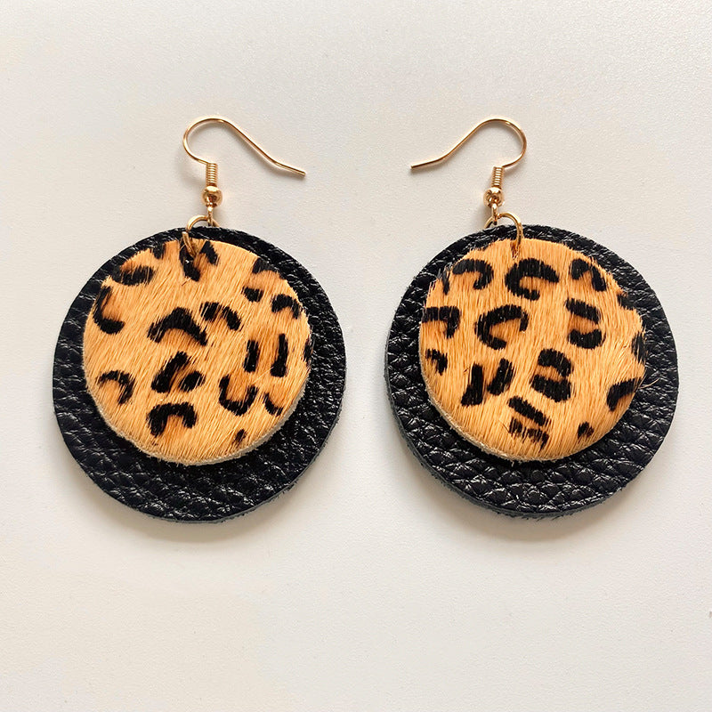 Wholesale 3 pairs/  pack leather and leopard print patchwork horsehair earrings vintage style
