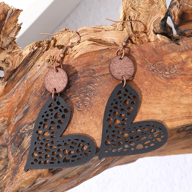 Wholesale Valentine's Day Love Wood Pieces Hollow Mesh Leather  Earrings
