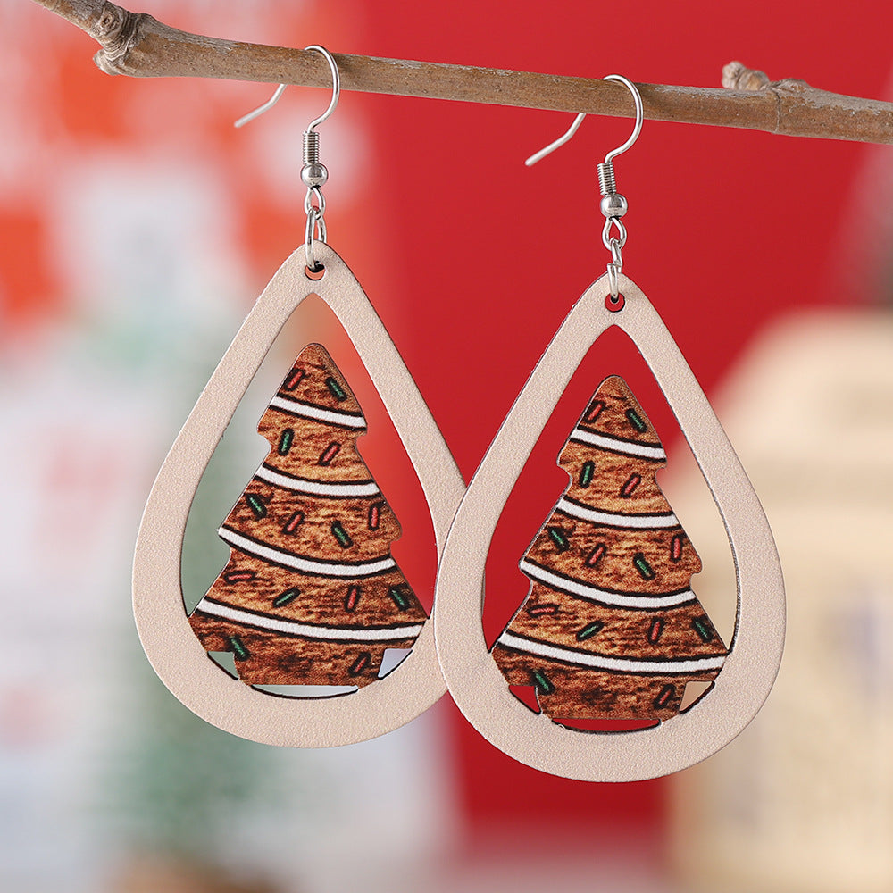 Wholesale Christmas ribbon dessert Christmas tree water drop pendant earrings wooden