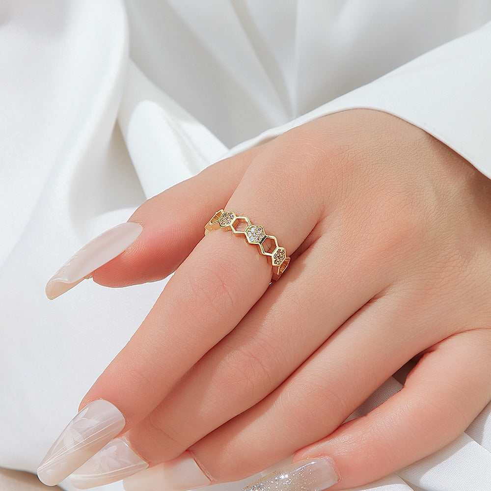 Wholesale Gold Tone Copper Zircon Honeycomb Open Adjustable Ring Chic Everyday Wear Jewelry Accessory