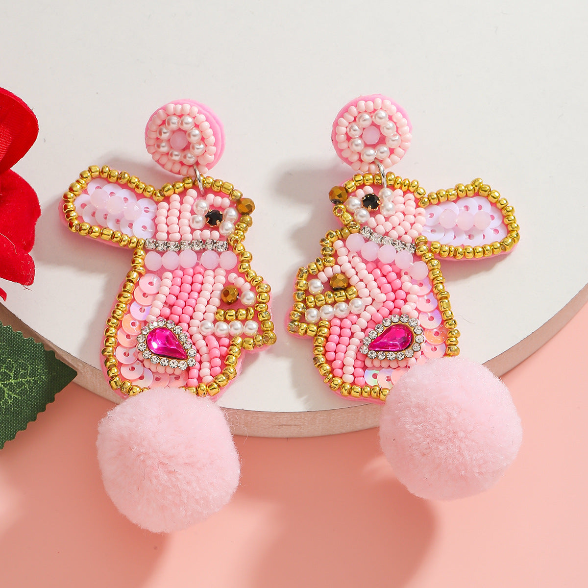 Wholesale cute handmade rice beads pink bunny easter earrings
