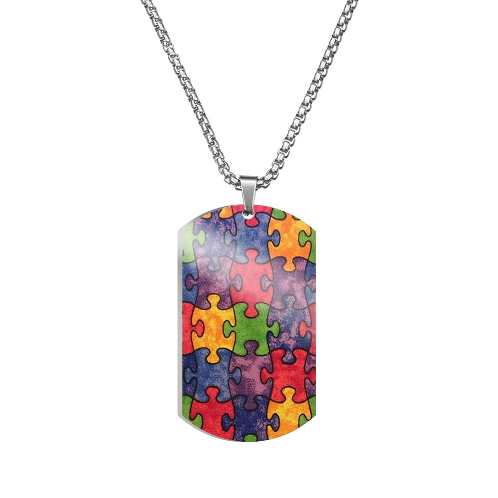Wholesale Autism Puzzle Color Printed Pendant Stainless Steel Necklace ACC-NE-HuanYu001