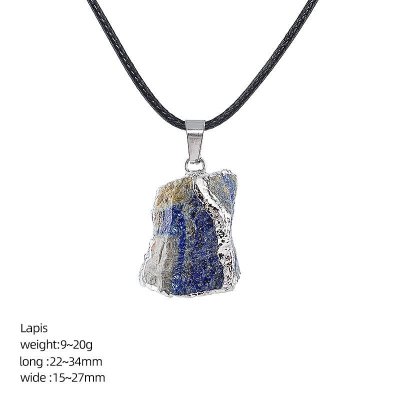 Wholesale Natural Crystal Raw Stone Pendant Necklace with Leather Rope Chain Irregular Hand-Hammered Electroplated Fashion Jewelry